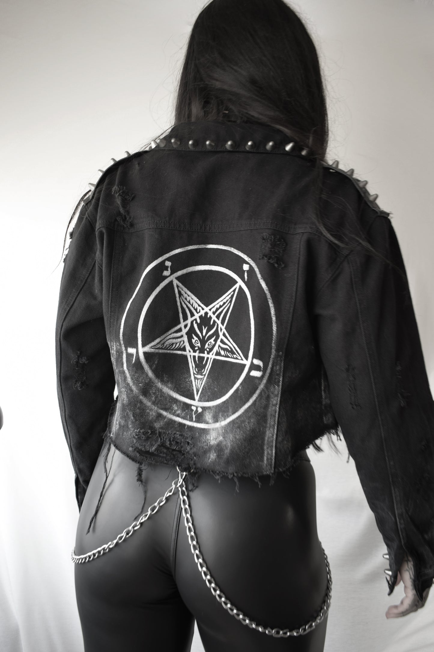 Pentagram custom denim  Battle Jacket  Distressed Denim Spike Studs