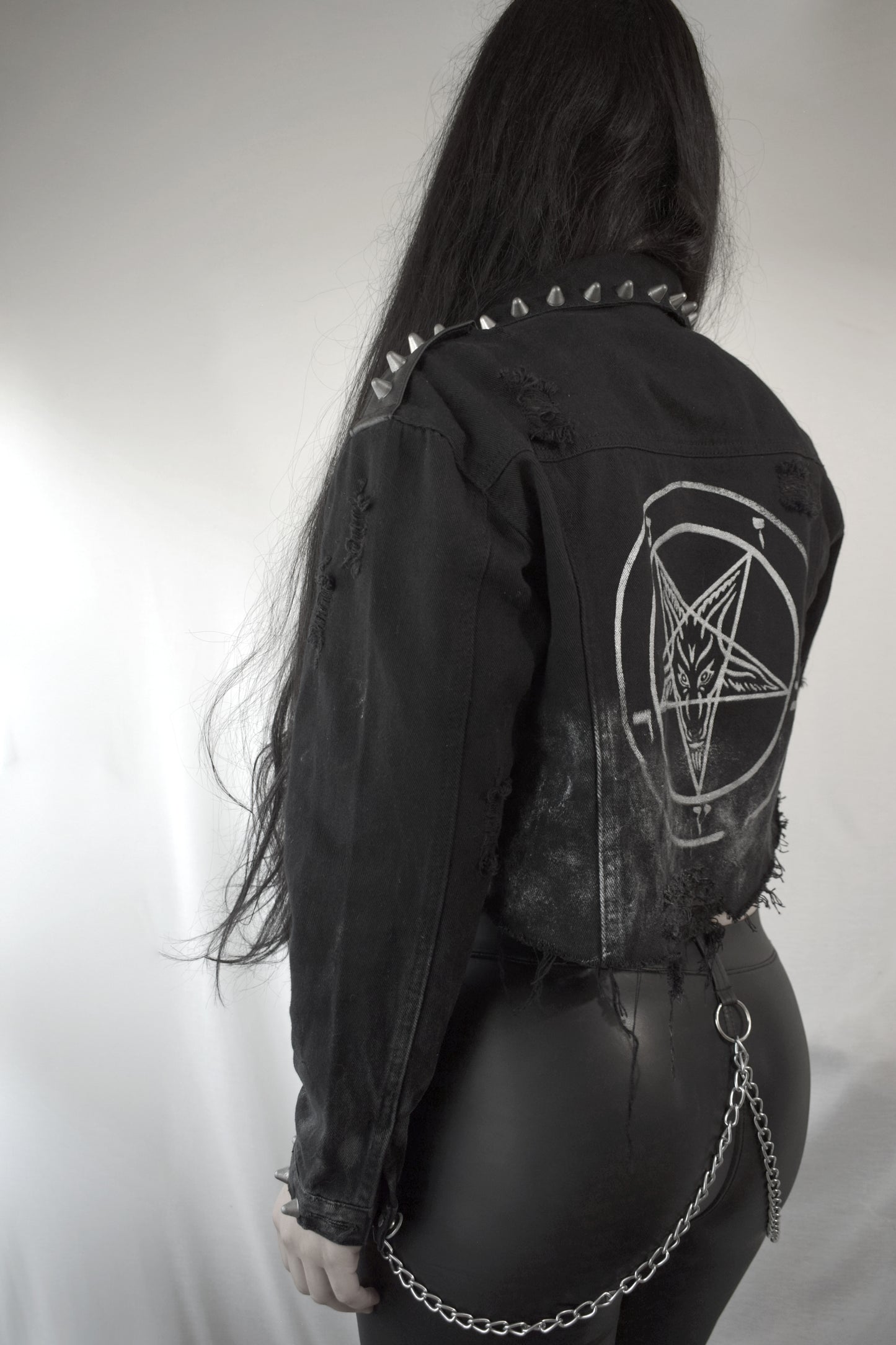 Pentagram custom denim  Battle Jacket  Distressed Denim Spike Studs