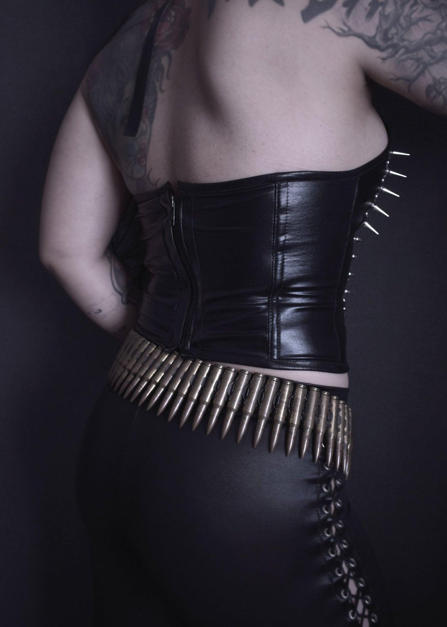 Black Faux Leather Spiked Bustier Lace-up front - Finedaytodie