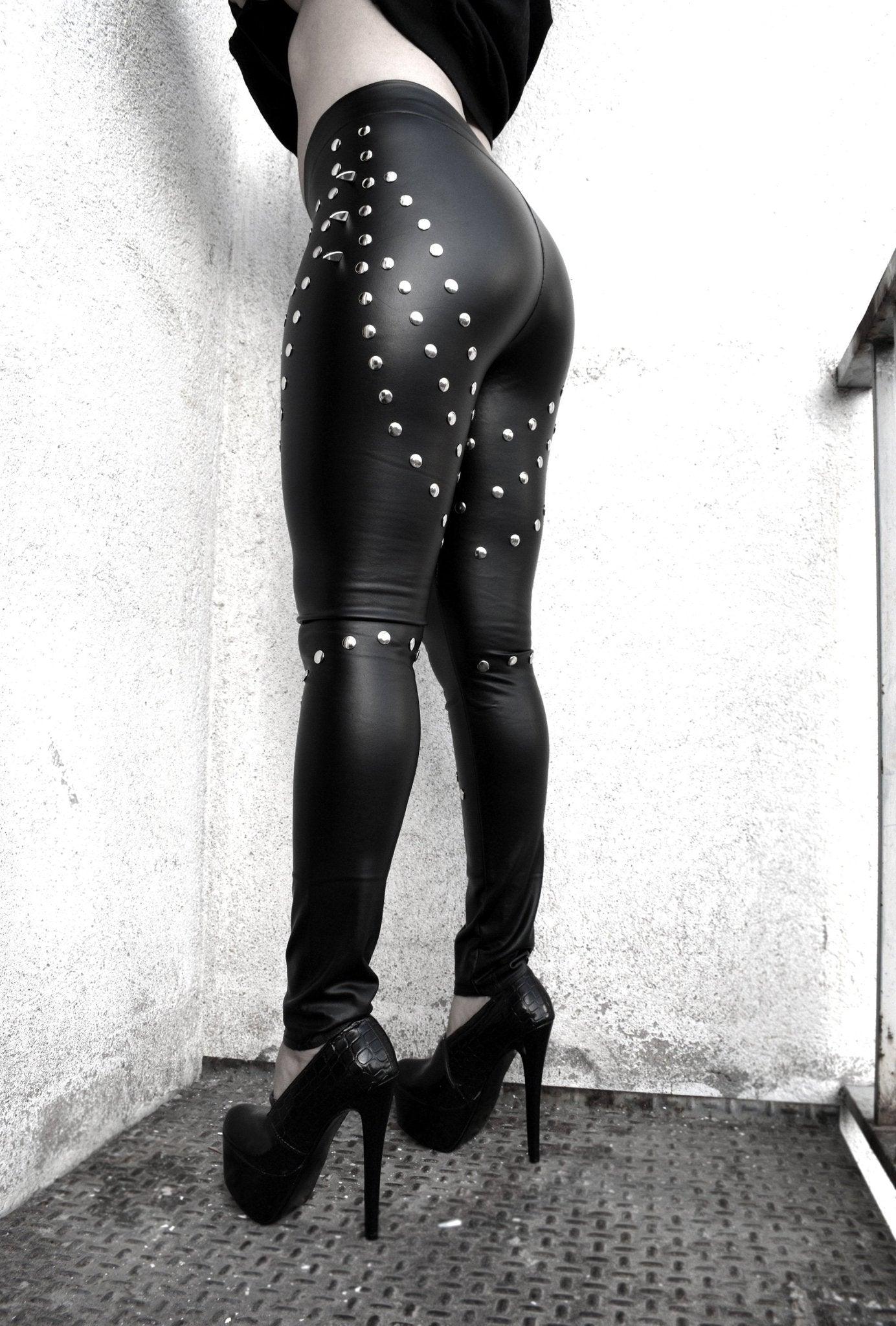 Handmade Spikes Studded Vegan Faux Leather ⇹ Spike legging ⇹ Black metal pants ⇹ Spike stud Leather ⇹ Heavy metal leggings - Finedaytodie