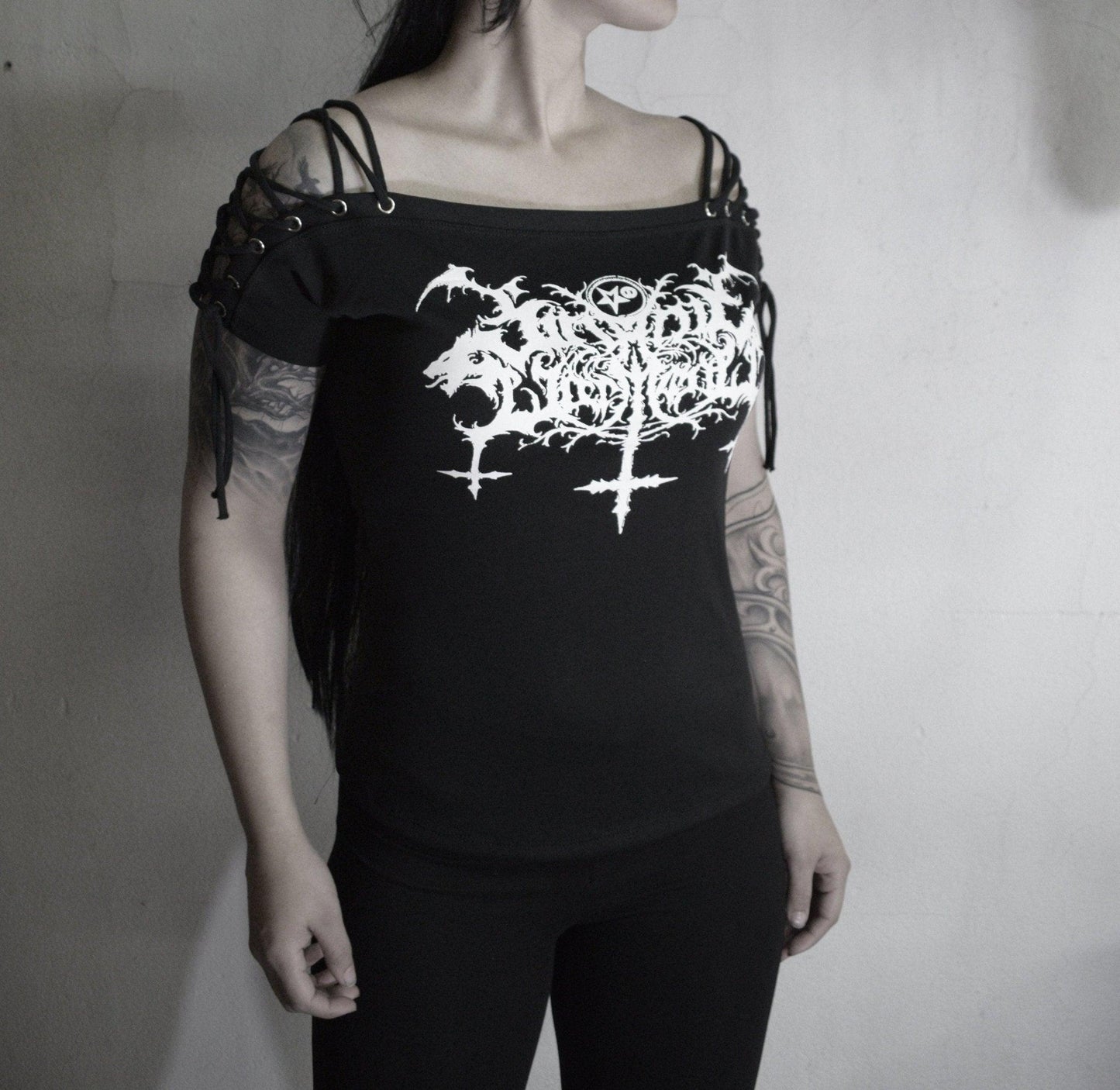 Satanic Warmaster (not official)shirt Lace Up Eyelet Off Shoulder ⇹ Black metal shirt - Finedaytodie