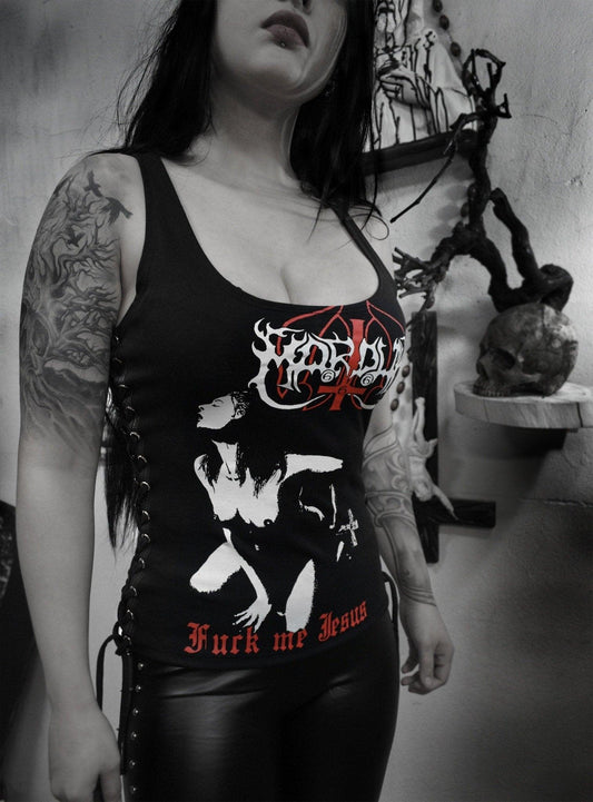 Marduk Fuck me Jesus Top Shirt ⇹ Black Lace-up Sides Tank Top ⇹ Marduk Black metal shirt - Finedaytodie