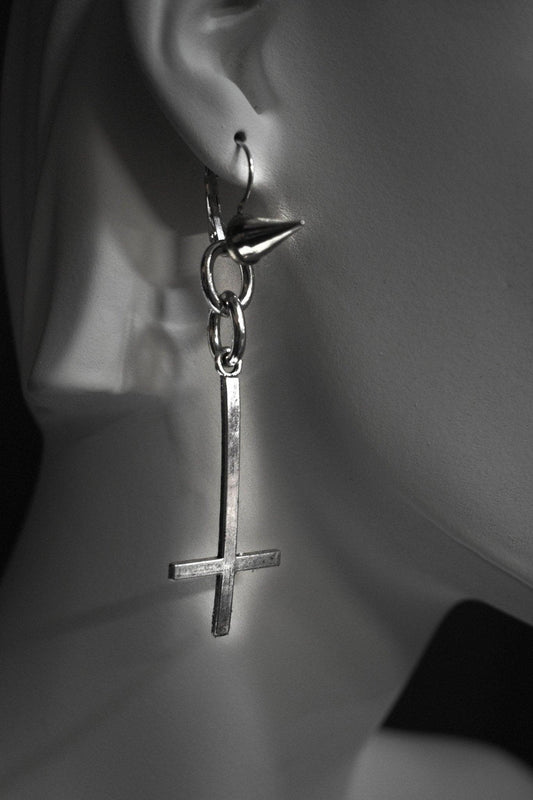 Spike stud Inverted Cross earring - Antichrist crucifix Satanic cross earrings - Finedaytodie