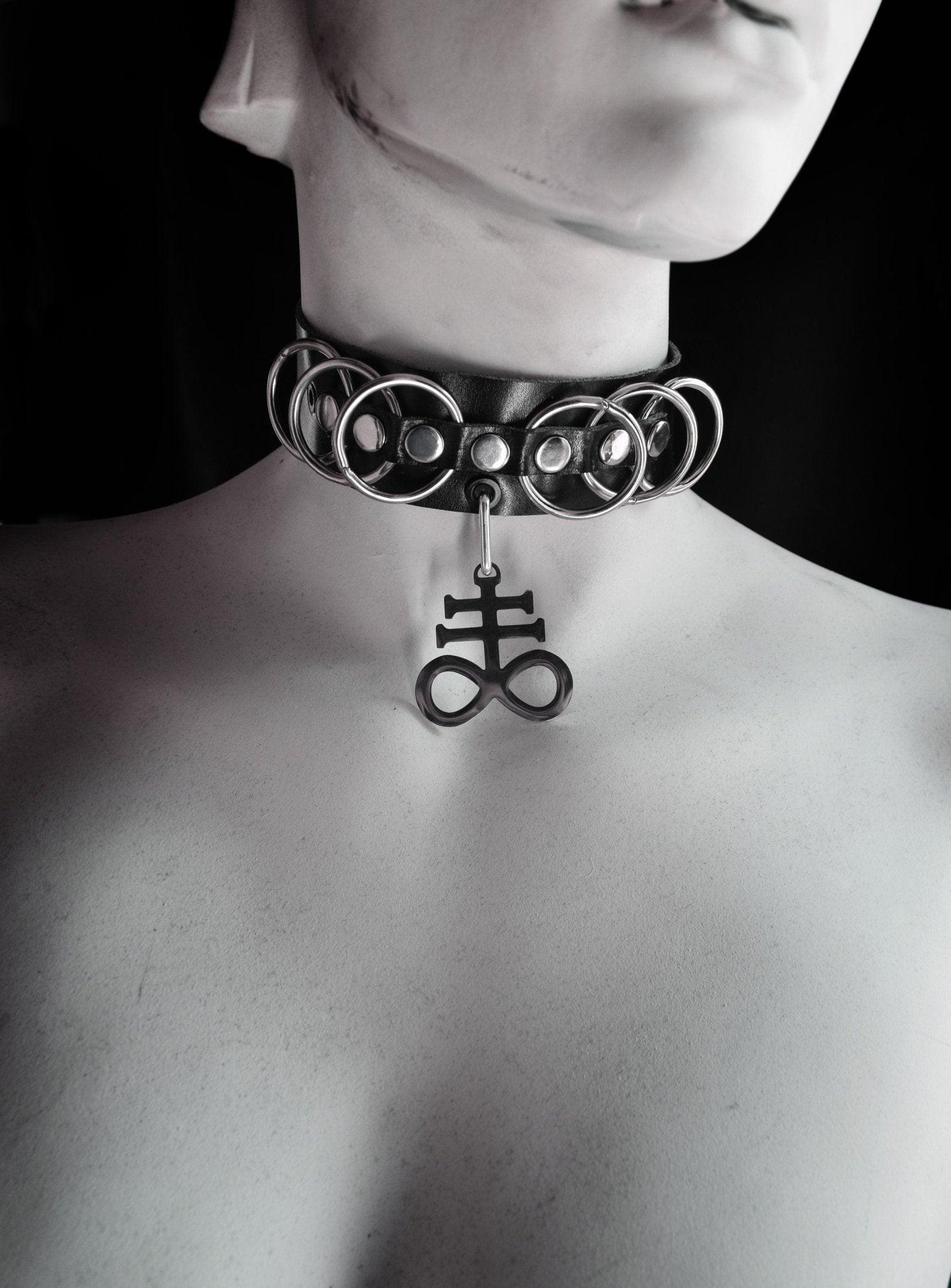 Choker O-ring Lucifer sigil vegan leather choker Satanic inverted cross Sigil Of Leviathan Antichrist crucifix Stainless steel - Finedaytodie