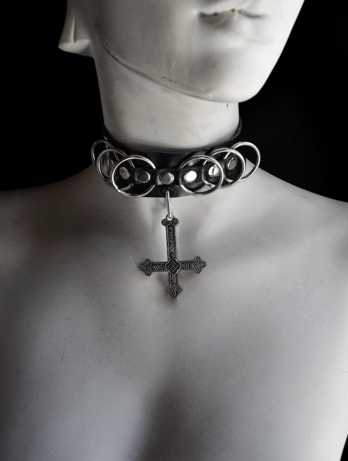 Choker O-ring Lucifer sigil vegan leather choker Satanic inverted cross Sigil Of Leviathan Antichrist crucifix Stainless steel - Finedaytodie