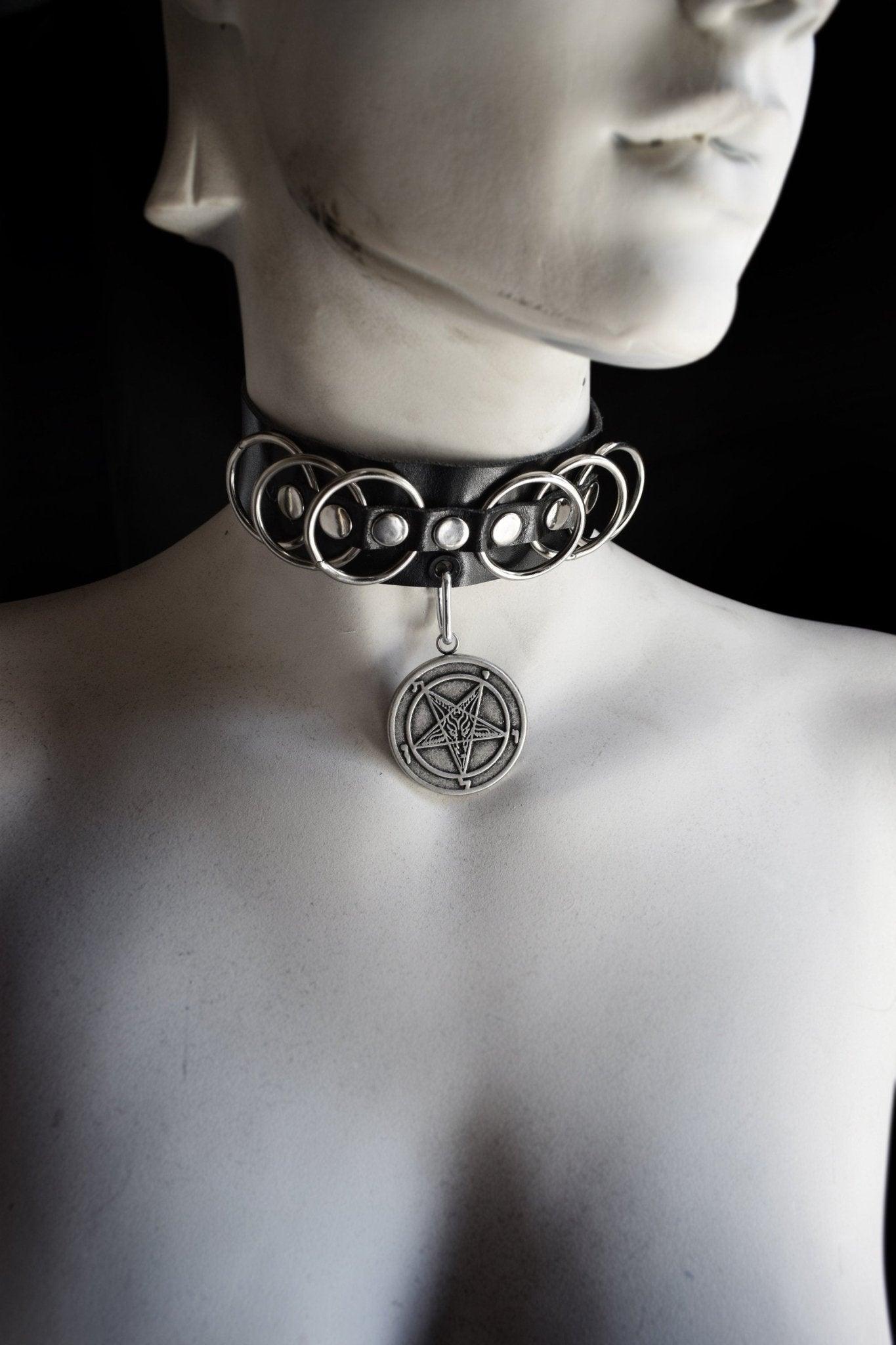 Choker O-ring Lucifer sigil vegan leather choker Satanic inverted cross Sigil Of Leviathan Antichrist crucifix Stainless steel - Finedaytodie