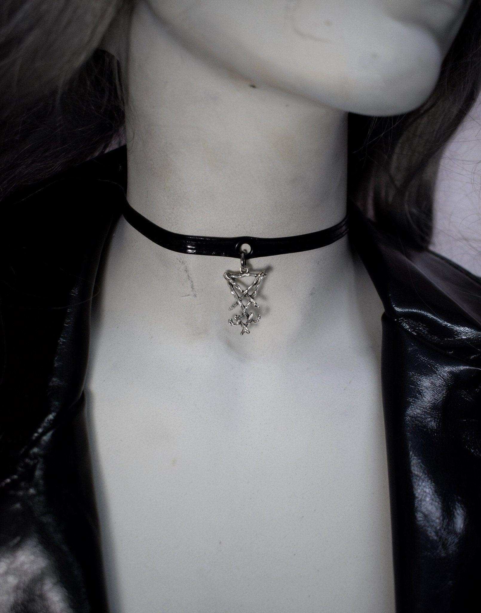 PVC Vegan Leather choker necklace Leviathan Necklace - Antichrist Satanic cross pendant - Lucifer sigil pentagram choker - Finedaytodie