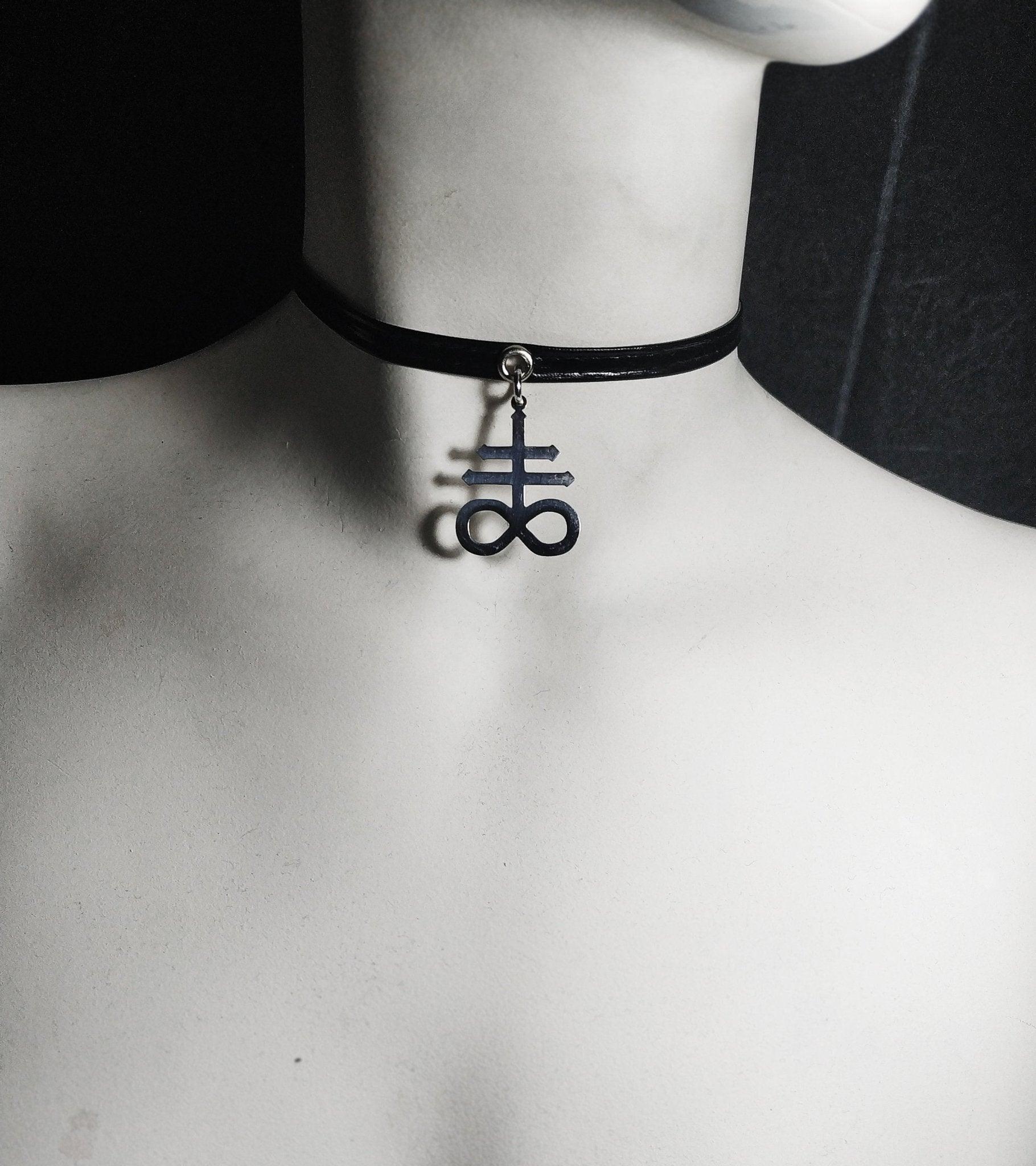 PVC Vegan Leather choker necklace Leviathan Necklace - Antichrist Satanic cross pendant - Lucifer sigil pentagram choker - Finedaytodie