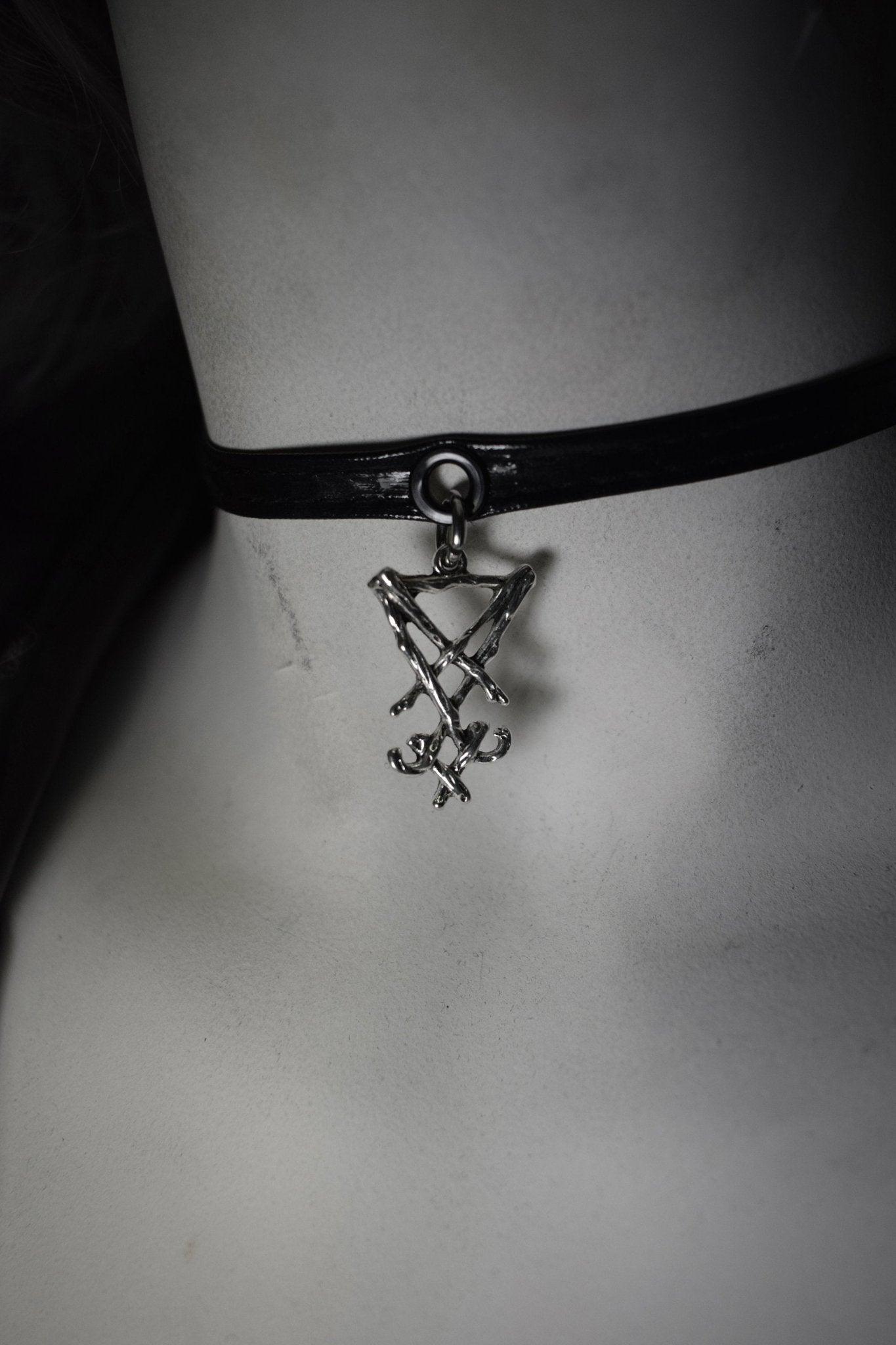 PVC Vegan Leather choker necklace Leviathan Necklace - Antichrist Satanic cross pendant - Lucifer sigil pentagram choker - Finedaytodie