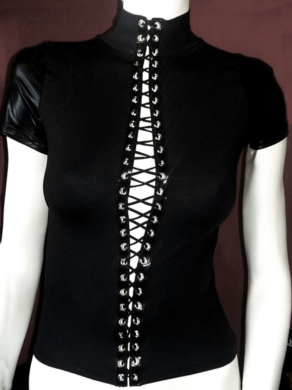 Pvc  Black laced up top,latex Long Sleeve shirt corset style lace up top pvc top latex look