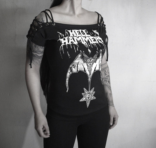 Hellhammer Satanic Rites ⇹ black metal Lace Up Eyelet Off Shoulder ⇹ Hellhammer black metal t shirt ⇹ black metal⇹ Death metal tshirt - Finedaytodie