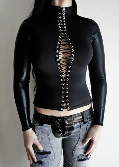 Pvc  Black laced up top,latex Long Sleeve shirt corset style lace up top pvc top latex look